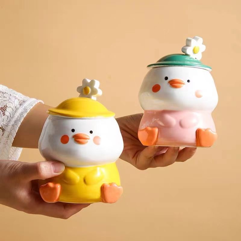 Mùa Xuân Vịt Đi Chơi Cốc Gốm Có Giá Trị Cao Cốc Cá Tính Có Nắp Thìa Cô Gái Học Sinh Dễ Thương Cách Nhiệt Cốc Uống