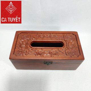 Hộp đựng giấy ăn GỖ HƯƠNG chạm khắc hoa hồng leo có viền( LOẠI TO - ẢNH THẬT)