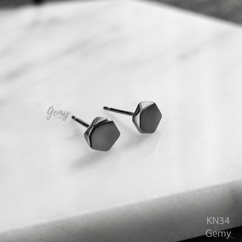 Khuyên tai nam bạc 925 màu đen lục lăng đơn giản, unisex (1 chiếc) | GEMY SILVER KN34