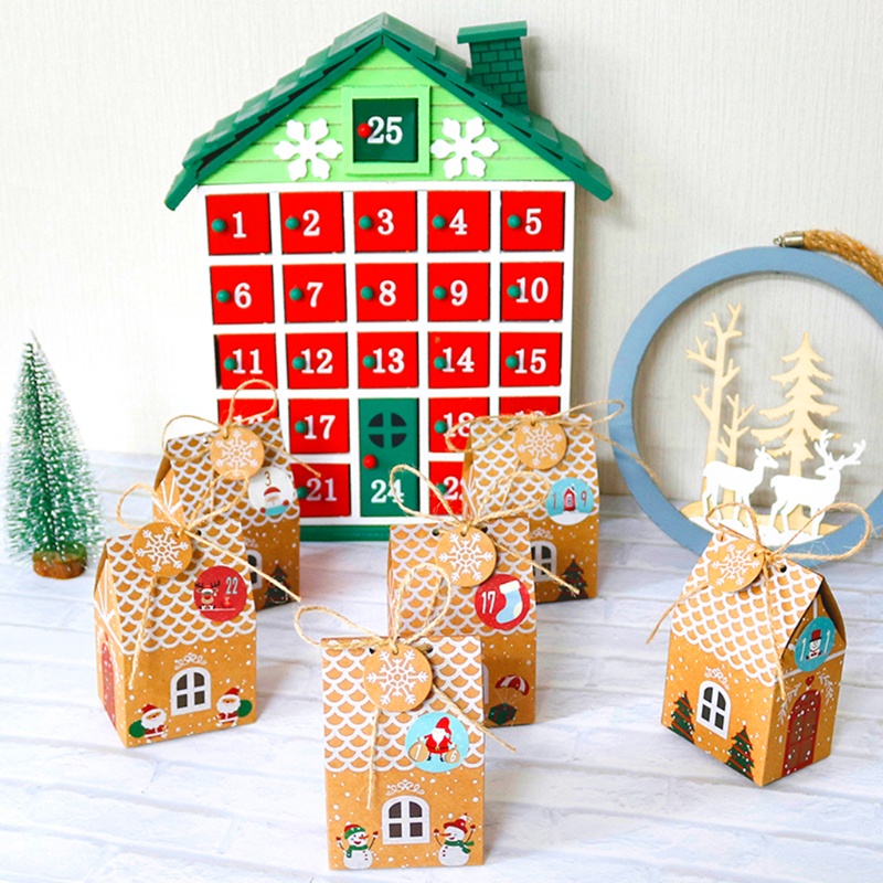 be> DIY Christmas Advent Calendar Box 24 Sets Xmas House Kraft Paper