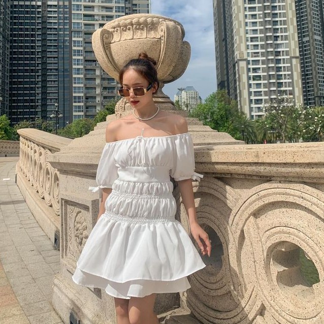 ĐẦM BO CHUN EO 2 MÀU TRẮNG TÍM - ICE DRESS