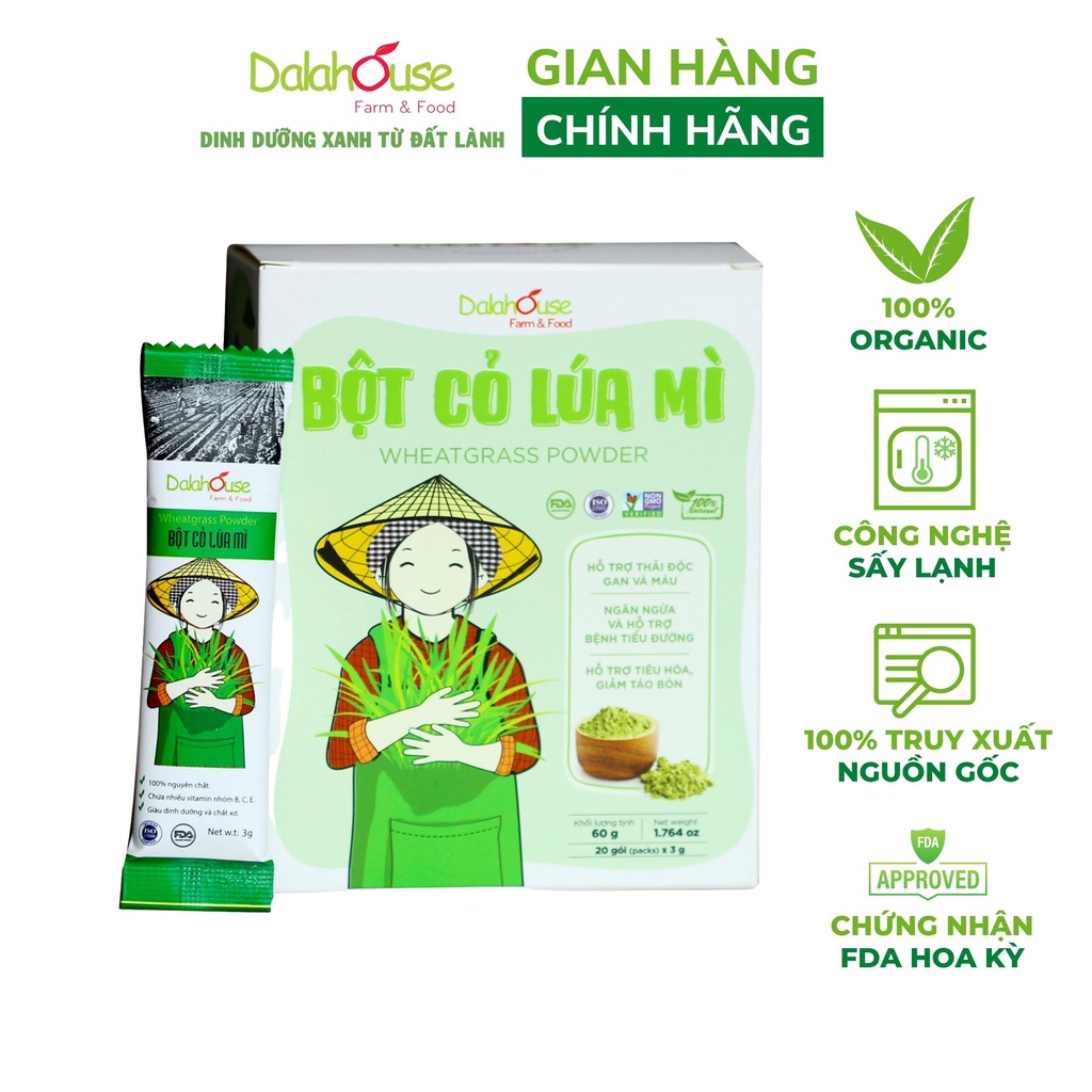 Mô tả Bột cỏ lúa mì nguyên chất Dalahouse hỗ trợ tiêu hóa, giảm táo bón, thải độc gan và máu, bệnh tiểu đường hộp 60 gr - 1