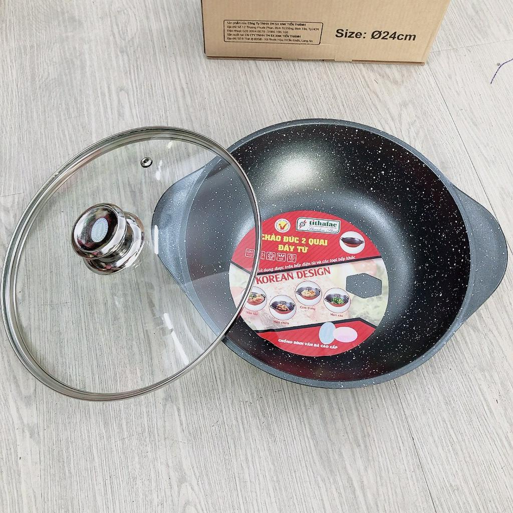 Chảo vân đá đúc 2 quai nắp kính tithafac 24cm - chảo 2 quai