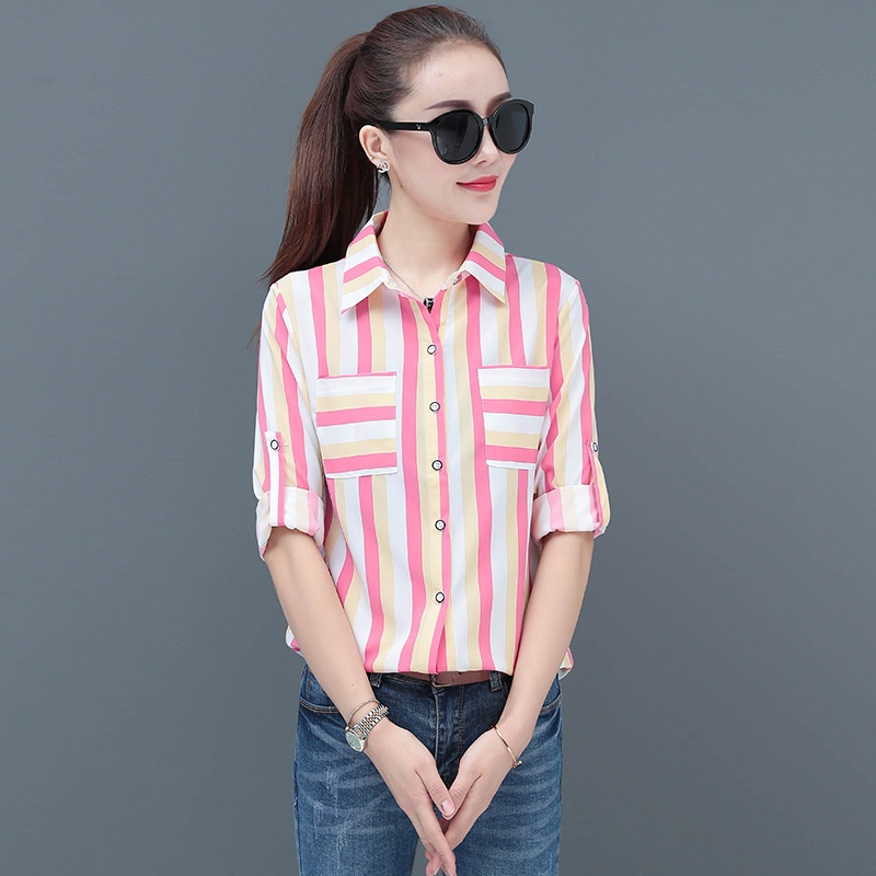Áo Sơ Mi Dài Tay Kẻ Sọc Màu Sắc Thời Trang Cho Nữ