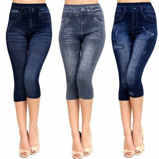 Thời Trang Nữ Giả Jean In Capri Quần Legging Co Giãn Cổ 3 / 4 Quần Skinny Plus Size