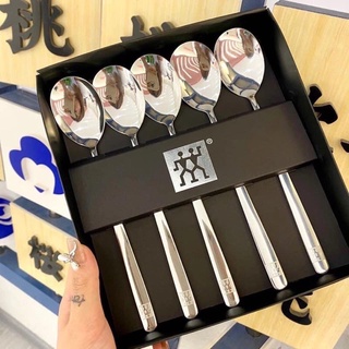 Thìa muỗng inox cán dài , Thìa phong cách mới lạ hộp 5 chiếc có vỏ hộp