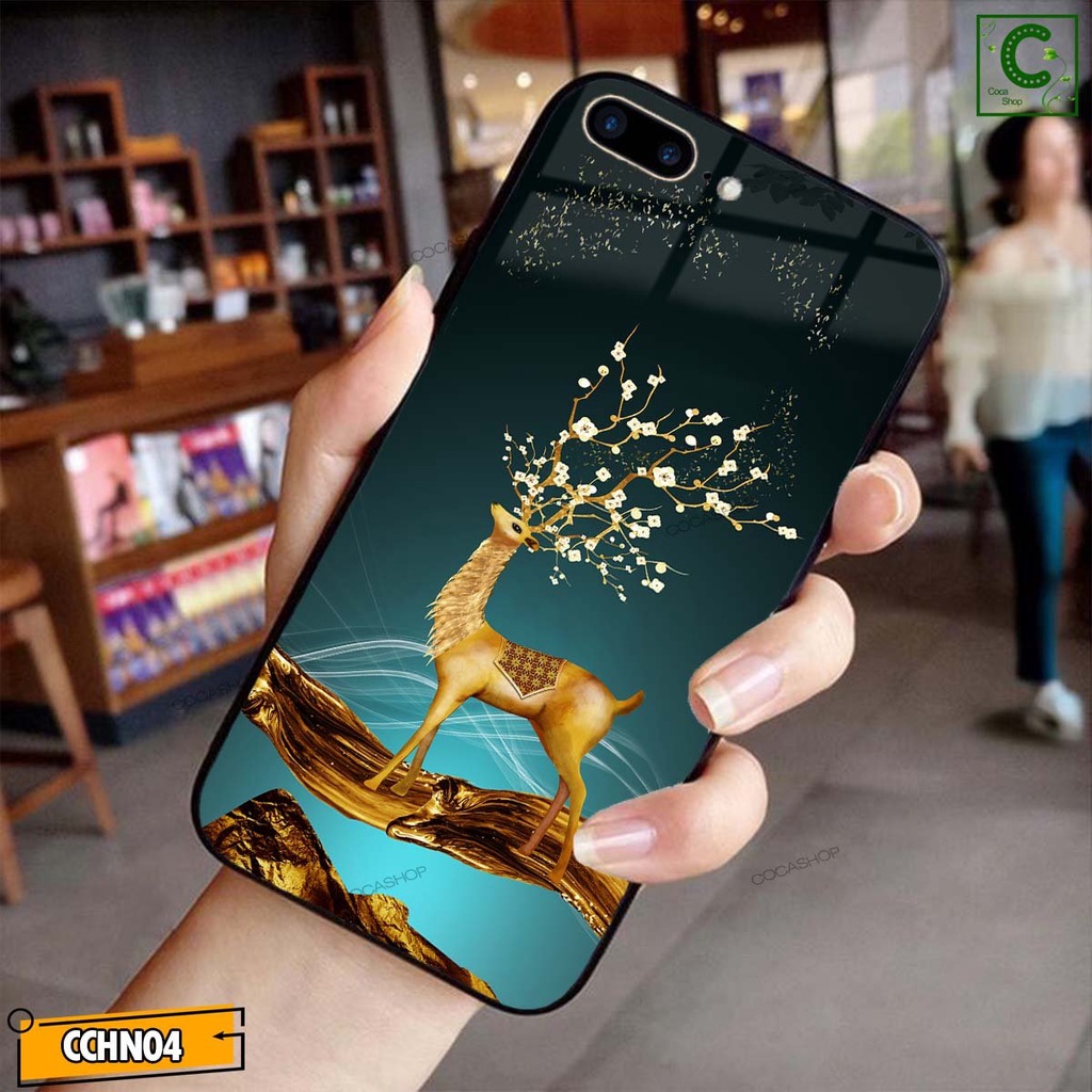Ốp lưng iphone mặt kính cao cấp - Hươu vàng lộc lá cùng hoa - 6/6plus/6s/6splus/7/7plus/8/8plus/x/.....
