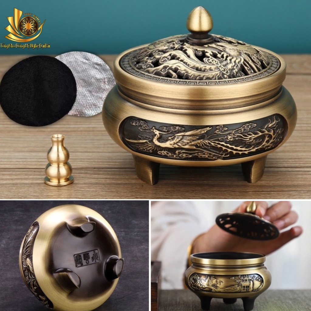 [LOẠI 1] Combo Lư Xông Trầm Bằng Đồng Kèm Đôn Đúc Nguyên Khối Cao 12cm Chạm Trổ Tinh Xảo Đồ Đồng Đại Bái