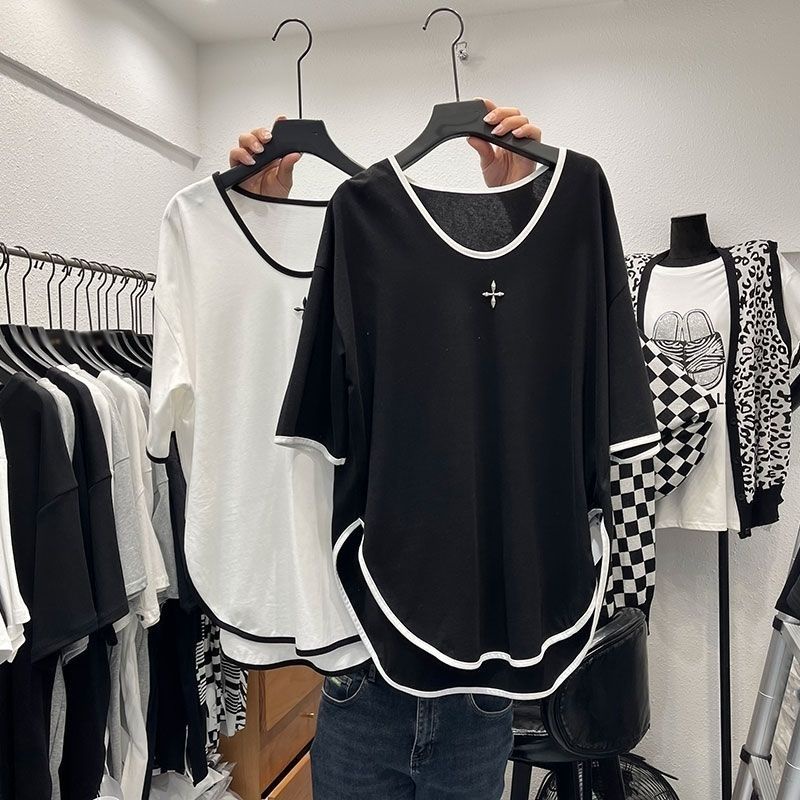 Milyfashion Tay Ngắn T Arc Hem Rời Thời Trang Đơn Giản Kích Thước Lớn Phù Hợp Với Màu Sắc Tương Phản In Chữ Thập