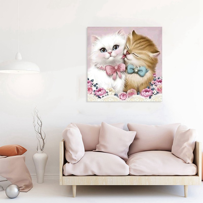 5D Tự Làm Tranh Gắn Đá Cross Stitch Cặp Đôi Mèo Tranh Gắn Đá Tròn Kim Cương Giả Thêu Động Vật