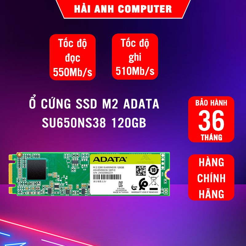 Ổ cứng SSD M2 ADATA SU650NS38 120GB |Tốc độ đọc 550Mb/s - Tốc độ ghi ...