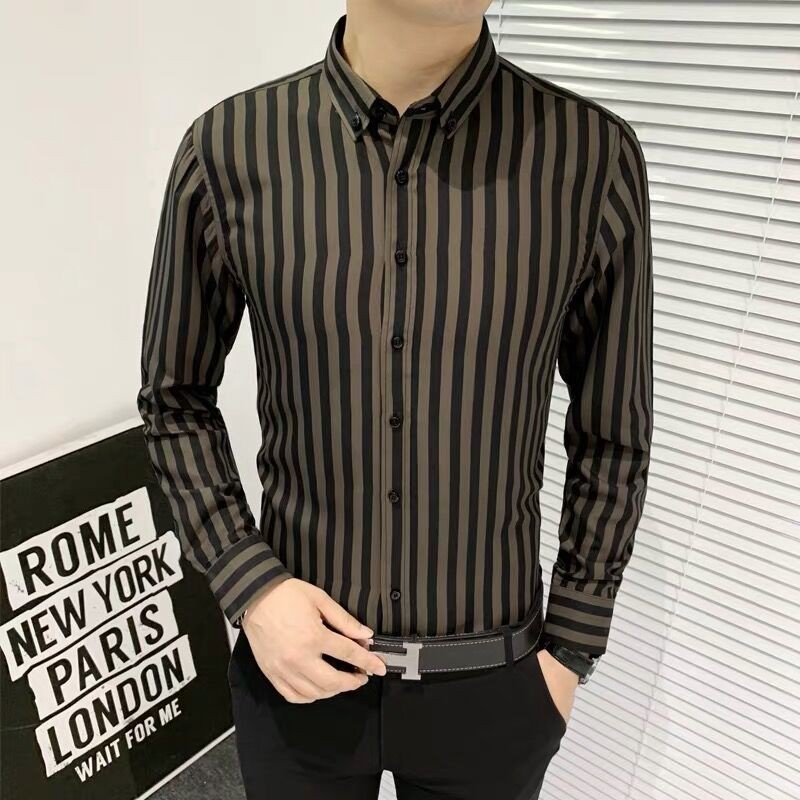 Nam giới thời trang công sở sọc dài tay áo sơ mi phong cách hàn quốc áo sơ mi giản dị