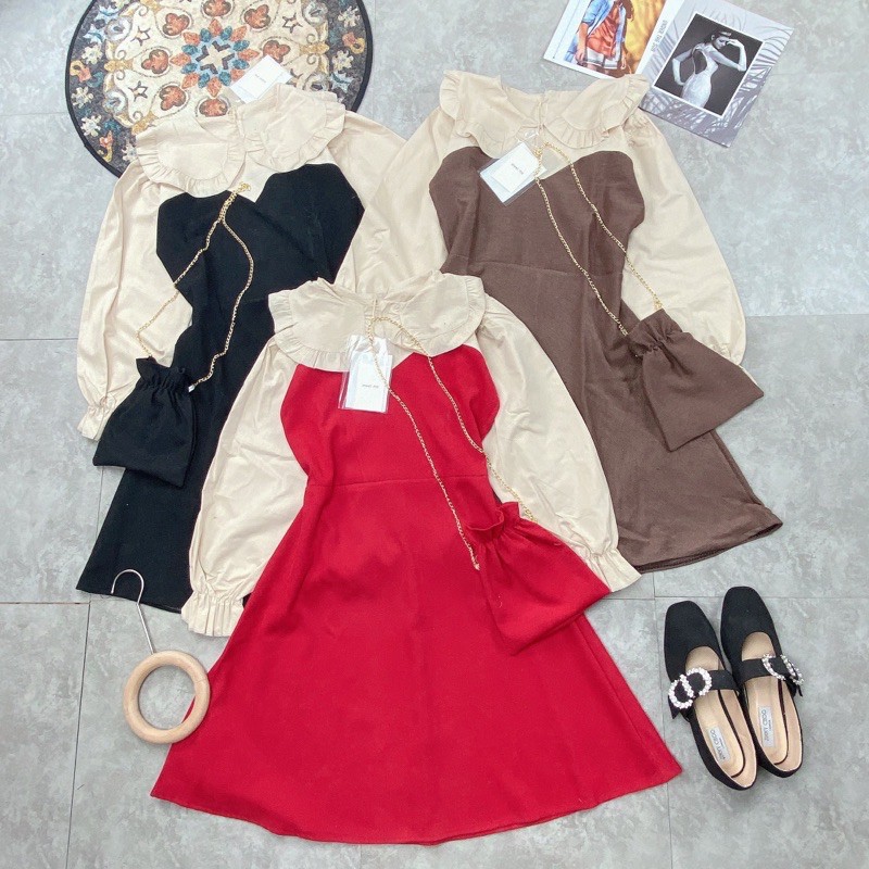 Váy Nhung Cổ Bèo Mix túi