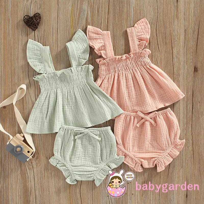 Set Áo Tay Bèo Cổ Vuông + Quần Short Màu Trơn Thời Trang Mùa Hè Cho Bé Gái 0-3 Tuổi