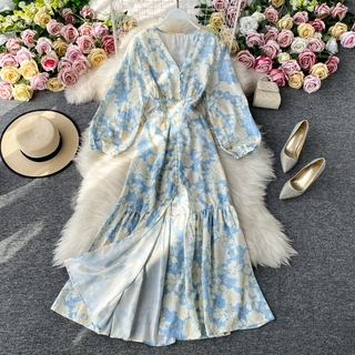 Hoa hàn quốc nữ voan dài tay mùa hè váy maxi có sẵn hàng mới