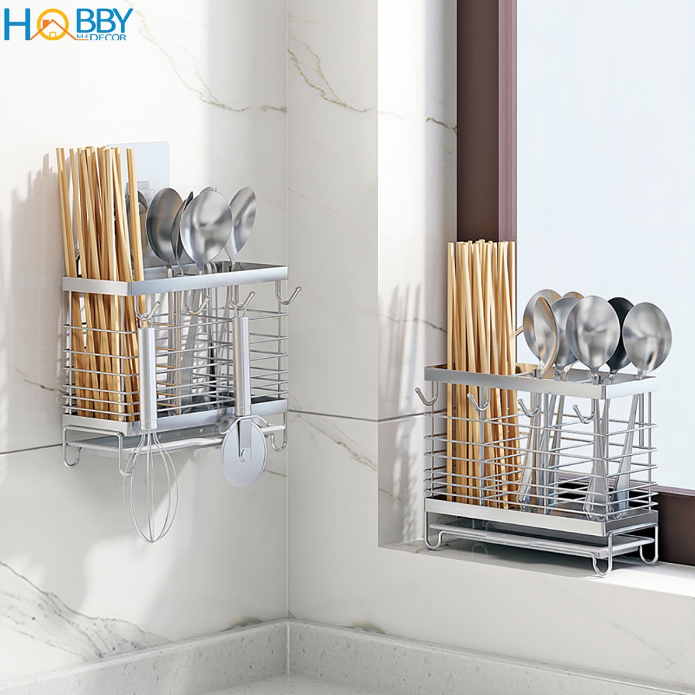 Kệ đựng đũa muỗng 3 ngăn có móc treo dán tường Hobby Home Decor DM04