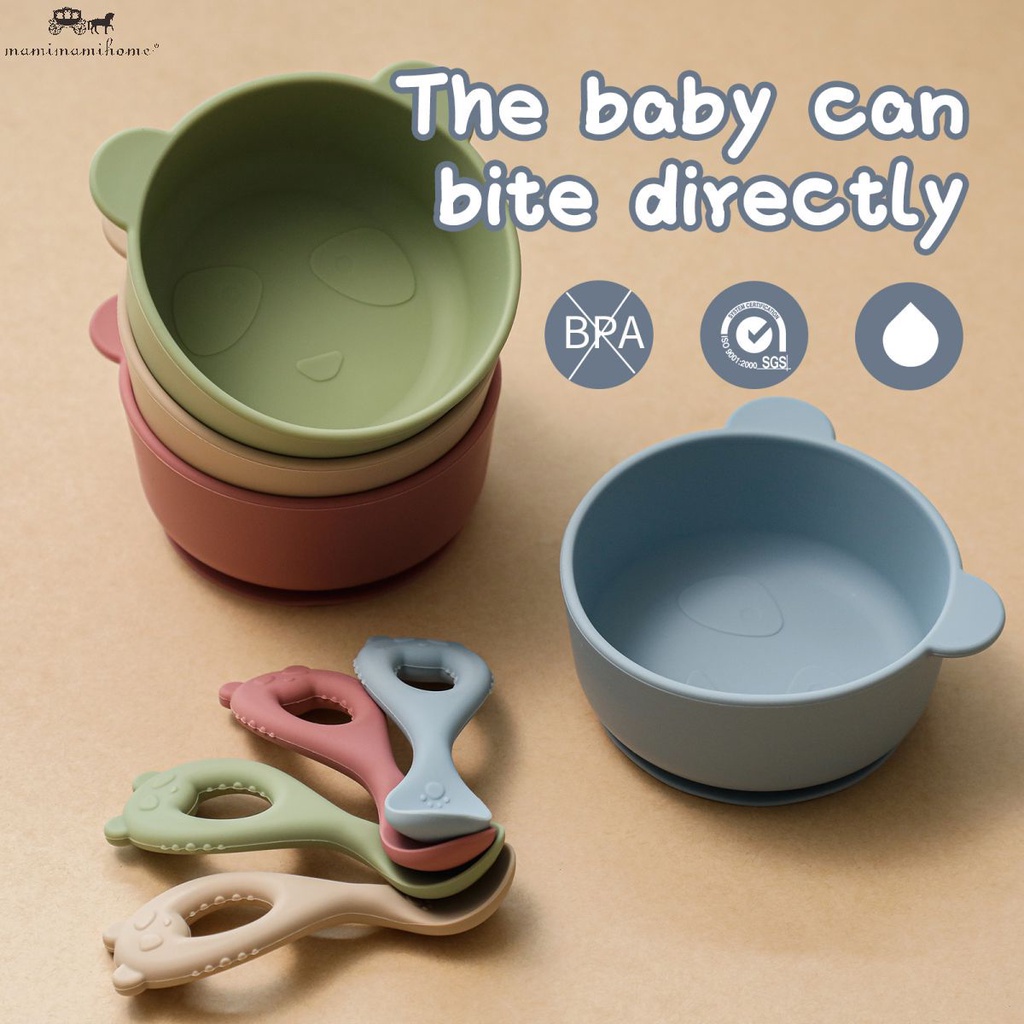 1Set  bộ đồ ăn MAMIMAMIHOME gồm muỗng và bát giữ nhiệt hình gấu trúc không chứa BPA cho trẻ em