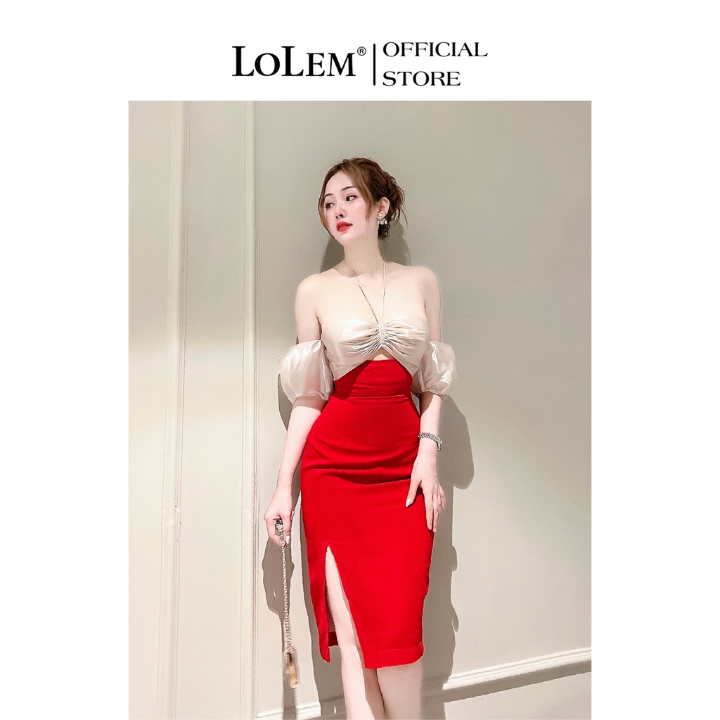 Đầm ôm body LOLEM DO185 xẻ tà vải tăm Nhật dây cổ phối organza tay rớt hở lưng