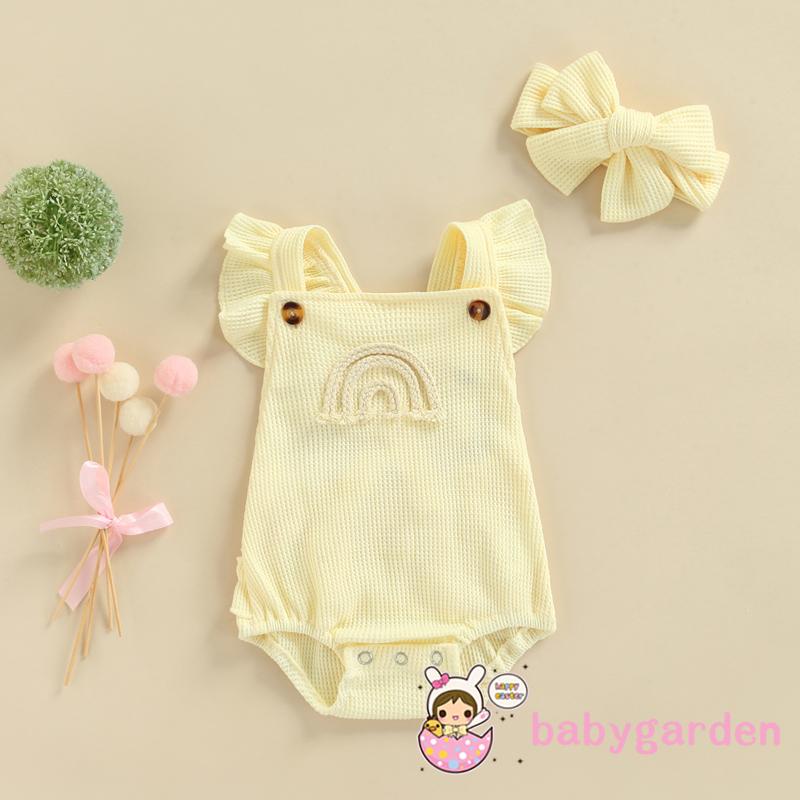 Bộ Áo Liền Quần Tam Giác Không Tay Phối Bèo Màu Cầu Vồng Kèm Băng Đô Xinh Xắn Cho Bé Gái 0-18 Tháng Tuổi
