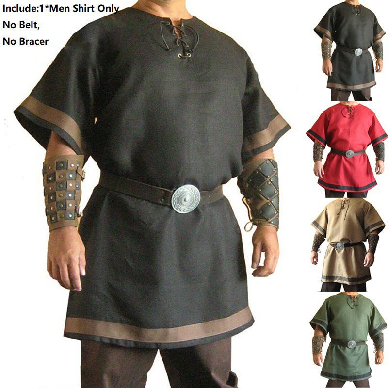 Nam Thời Trung Cổ Norman Viking Trang Phục Halloween Tay Ngắn Áo Dài Áo Sơ Mi