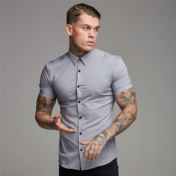Nam Áo Sơ Mi Phù Hợp Với Áo Sơ Mi Ve Áo Nam Nửa Tay Phiên Bản Hàn Quốc Slim-Fit Áo Sơ Mi Hợp Thời Trang Đứng Cổ Áo Sơ Mi Cơ Bắp Nam Thể Dục Nửa Tay Co Giãn Phong Cách Mỏng