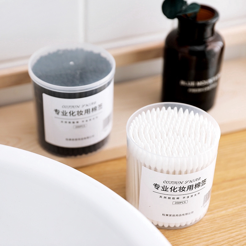 Set 200 Tăm Bông Hữu Cơ Đầu Xoắn/Tròn/Giọt Nước Tẩy Trang/Trang Điểm Dùng Một Lần Màu Trắng/Đen