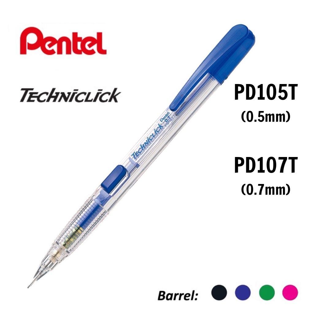Bút chì kim Pentel, viết chì bấm giữa thân nhựa trong TECHNICLICK PD105T/  PD107T nét 0.5/ 0.7mm