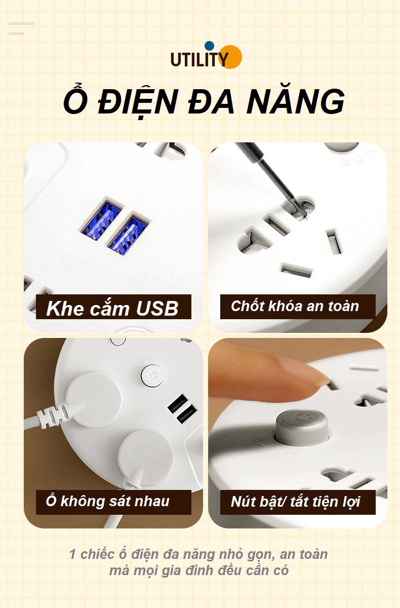 Mô tả Ổ cắm điện đa năng tròn HOKU tích hợp sạc USB, kèm giá để và điện thoại, chịu tải lớn dây dài 2,5m - OCD05 - 1