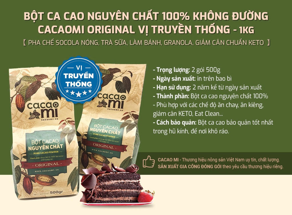 Mô tả Bột cacao nguyên chất 100% không đường gu truyền thống CacaoMi Original - 1kg - 1