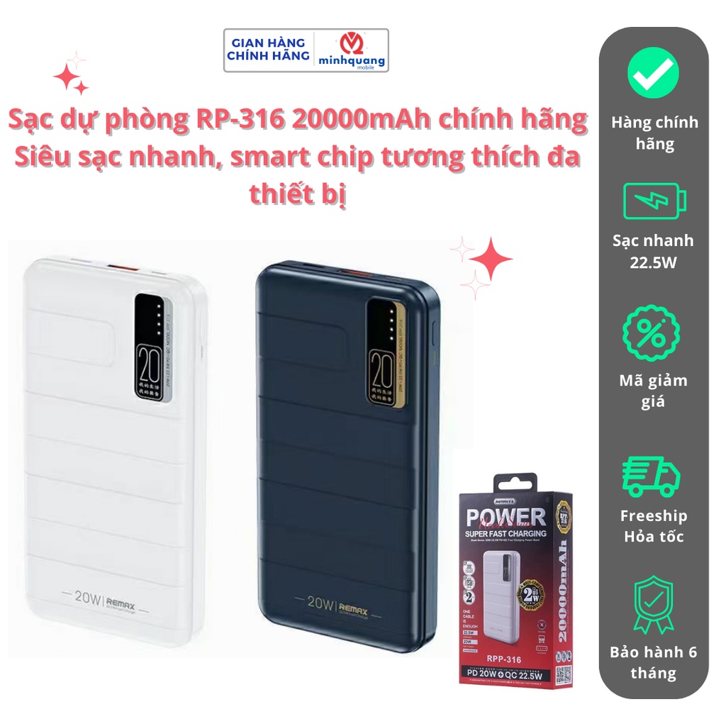 Sạc Dự Phòng REMAX RP-316 20000mAh, Sạc Siêu Nhanh tương thích nhiều ...