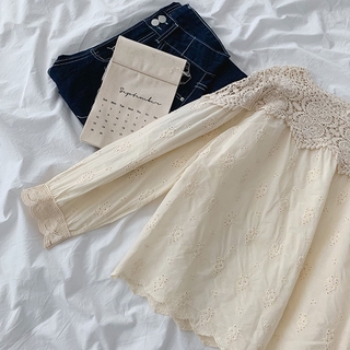 Phong Cách Hàn Quốc Nữ Nữ Rời Cotton Ren Móc Áo Sơ Mi Dài Tay