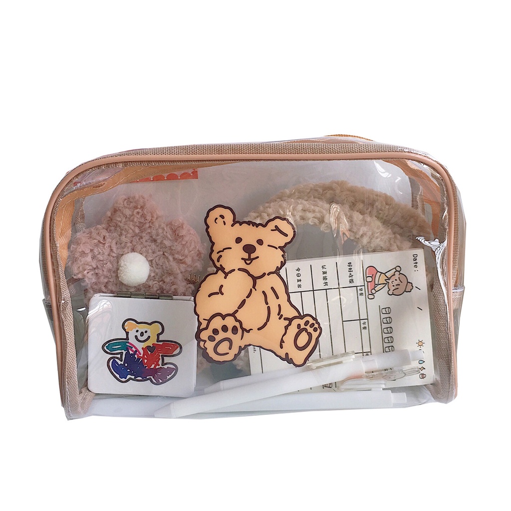 (Thaosi8420) Hộp đựng bút, túi đựng bút khóe kéo viền nâu gấu nâu dễ thương KT 23.7*15
