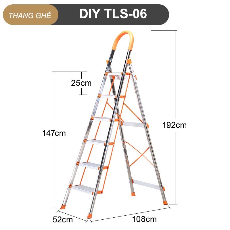 [HỎA TỐC 2H HCM] Thang ghế inox 6 bậc DIY TLS-06 chiều cao sử dụng tối đa 145cm - Tiêu chuẩn an toàn Châu Âu
