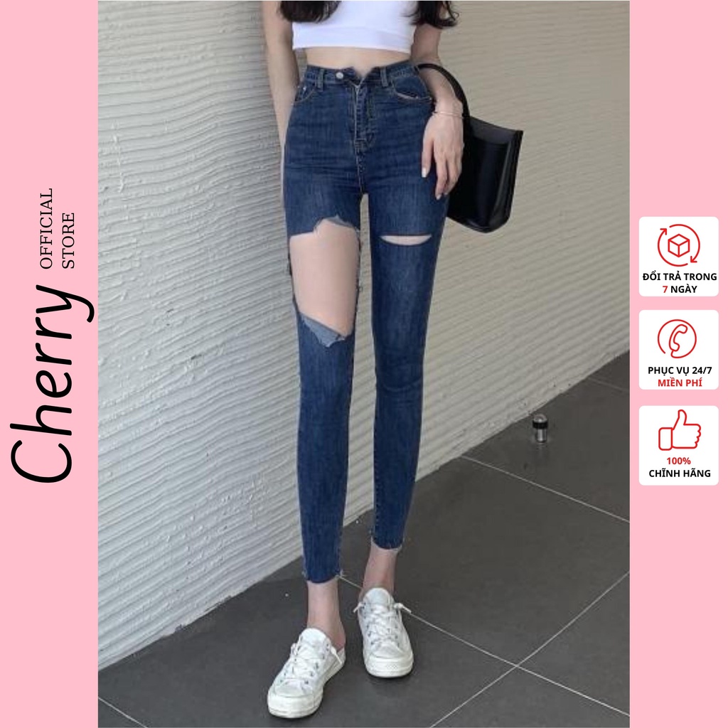 Quần bò rách gối nữ CHERRY chất co giãn, quần jean rách cạp cao dáng ôm ...