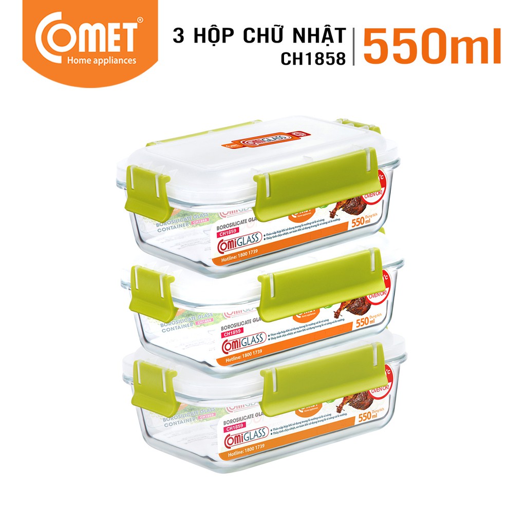 Combo 3 hộp thực phẩm thuỷ tinh Comet CH1858 - 550ml