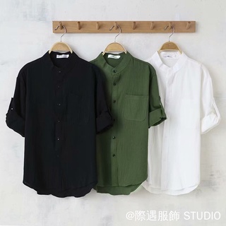 Thời Trang Trơn Phong Cách Cổ Điển Ba Phần Tư Tay Áo Sơ Mi Nam Vải Lanh Cotton Siêu Thoáng Khí Phong Cách Hồng Kông Bông Tai Kẹp Phong Cách Hợp Thời Trang Preppy Áo Sơ Mi Tay Ba Phần Tư Nhật Bản Áo Sơ Mi Cổ Henry