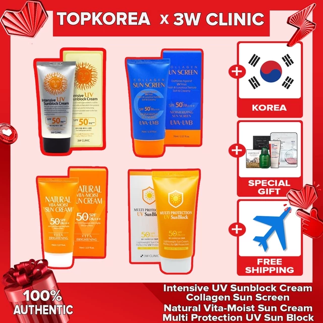 3W CLINIC ★CLINIC 3W★< < 4 LOẠI Sun > > Kem chống nắng UV đa năng,, Kem chống nắng UV chuyên sâu, Kem chống nắng Collagen,, Kem chống nắng Vita-Moist tự nhiên-4 Options / TOPKOREA / Vận chuyển từ hàn 