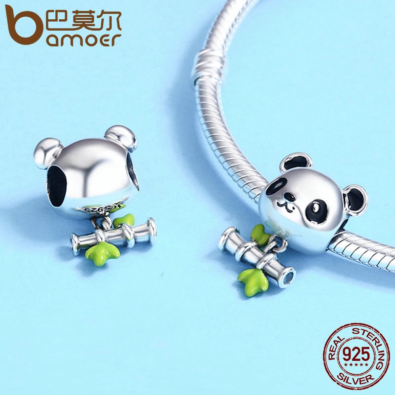 Hạt phụ kiện Bamoer hình gấu trúc bạc 925 cá tính dùng làm đồ trang sức tự làm