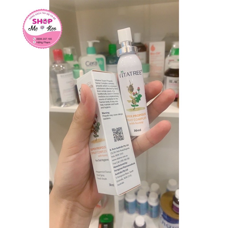 Xịt keo ong (30ml) giảm đau họng cho trẻ 2 tuổi trở lên Vitatree Super Propolis Spray complex with Honey, Úc