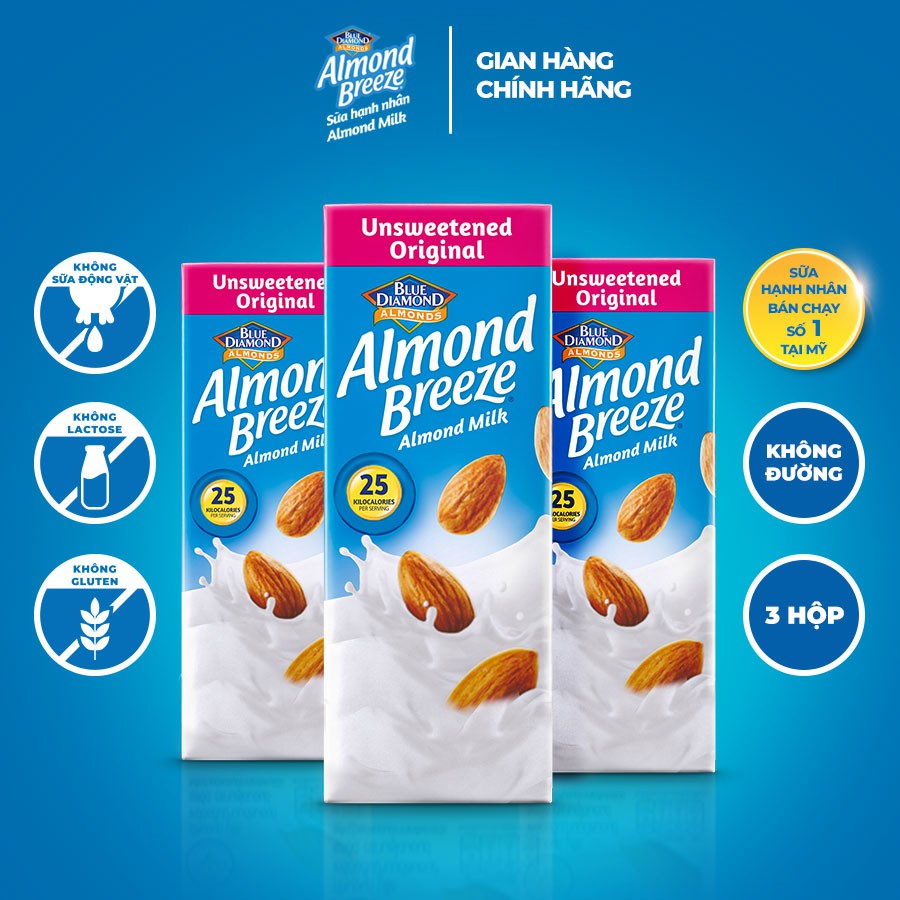 Sữa hạt hạnh nhân ALMOND BREEZE Nguyên chất không đường (Lốc 3 hộp 180ml