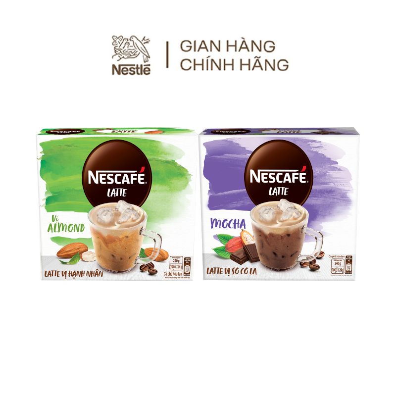 Combo Nescafé Latte vị hạnh nhân & cà phê hòa tan Nescafé Latte vị sô cô la (Hộp 10 gói x 24g)