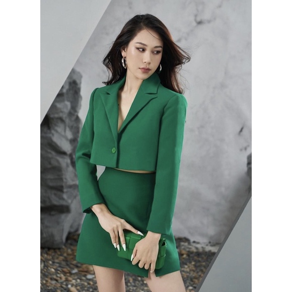 Áo blazer nữ [MAY THEO SỐ ĐO]-Áo khoác vest -chất liệu cao cấp, 2 lớp, XANH LÁ form croptop -Tiệm may Diluclothing
