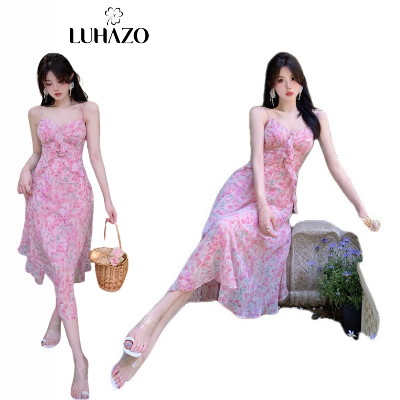 Váy 2 dây đi biển hoa maxi  LUHAZO đi chơi hở lưng dáng dài rộng bigsize kiểu sang chảnh Hàn Quốc 9667 DK1T3