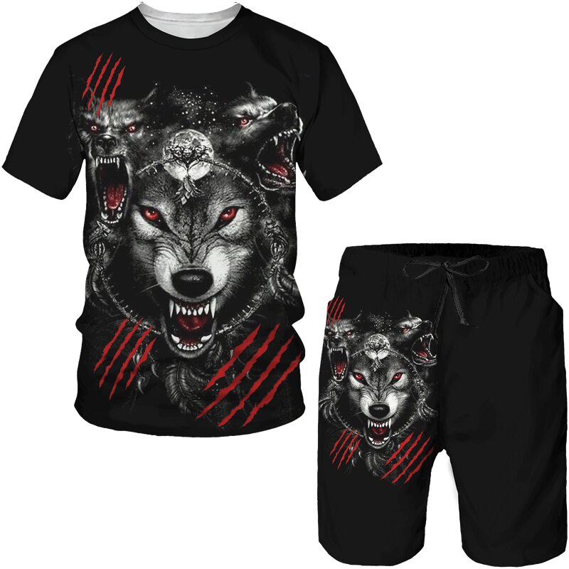 Set Đồ Thể Thao Áo Thun Tay Ngắn Cổ Tròn In Hình Sói 3D + Quần Short Phong Cách Hip Hop Thời Trang Mùa Hè Cho Nam