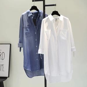 Đầm Sơ Mi denim Style Dài Vừa Tay Cuộn Hai Túi Thời Trang Xuân Thu Hàng Mới Dành Cho Bạn Nữ
