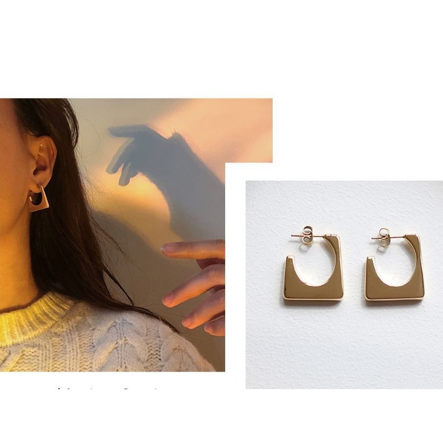 Bông tai nữ titan vintage kiểu hình học hình thang hở mạ vàng 14K không gỉ WE2204