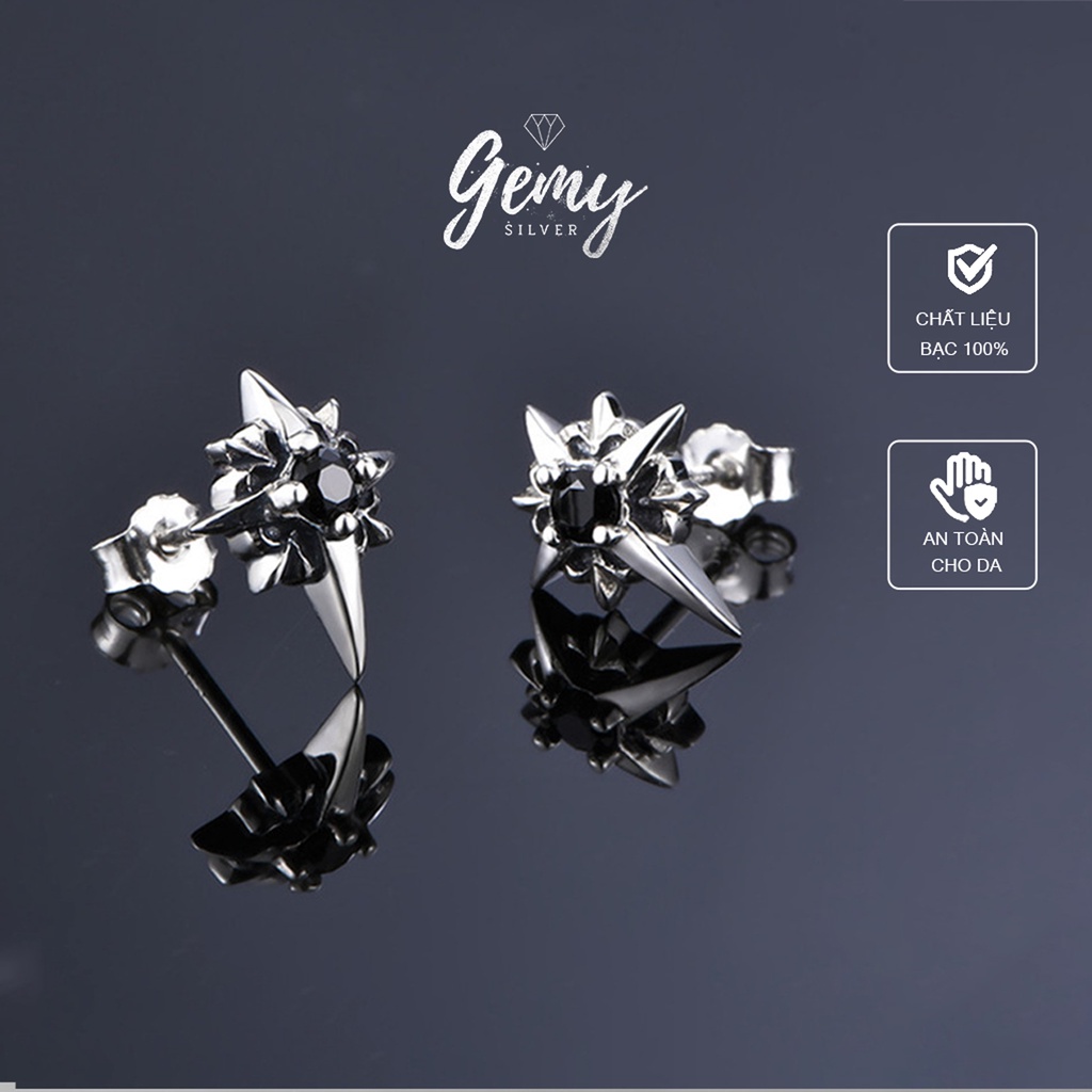 Khuyên tai nam nữ bạc 925 đính đá đen Dark King cá tính  unisex (1 chiếc) | GEMY SILVER KN32