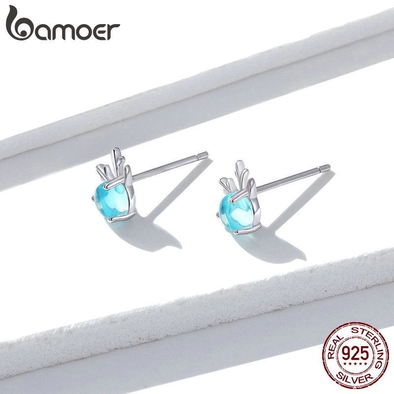 Bamoer Bông Tai bạc 925 Hình Sừng Hươu Đính Đá Thời Trang