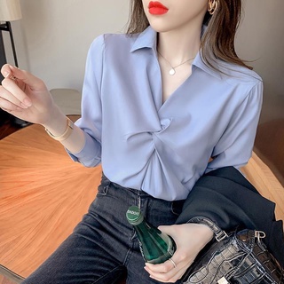 Phiên Bản Hàn Quốc Áo Sơ Mi Voan Thời Trang Nữ Tay Dài Màu Trơn Xếp Ly Top Thời Trang Đáy Áo Sơ Mi