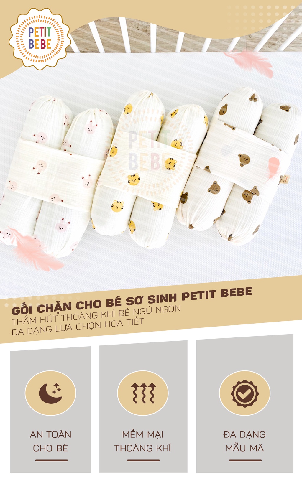 Mô tả Gối chặn cho bé sơ sinh PETIT BEBE muslin thoáng khí giúp trẻ ngủ ngon chống giật mình - 1